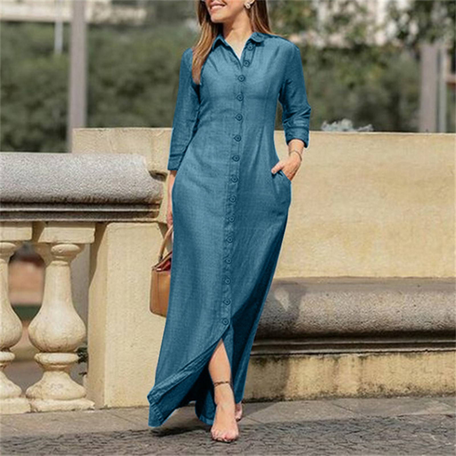thumbnail image 2 of Vestido informal de mujer, de denim liso, con cuello en V, manga larga, botones y bolsillos, de poliéster, 2 of 8